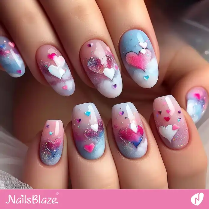 Cute Blue and Pink Watercolor Nails with Hearts | Valentine Nails - NB2374